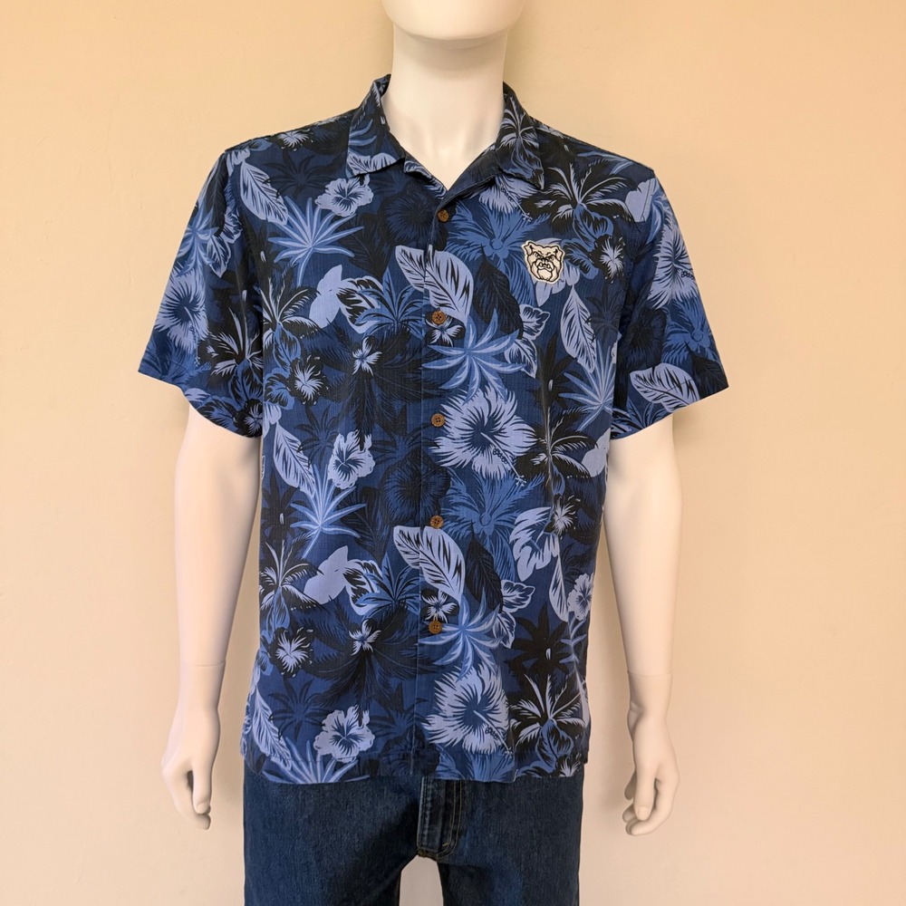 Tommy Bahama Mens Size M Blue Tropical Bulldog Patch Silk Blend Floral Shirt